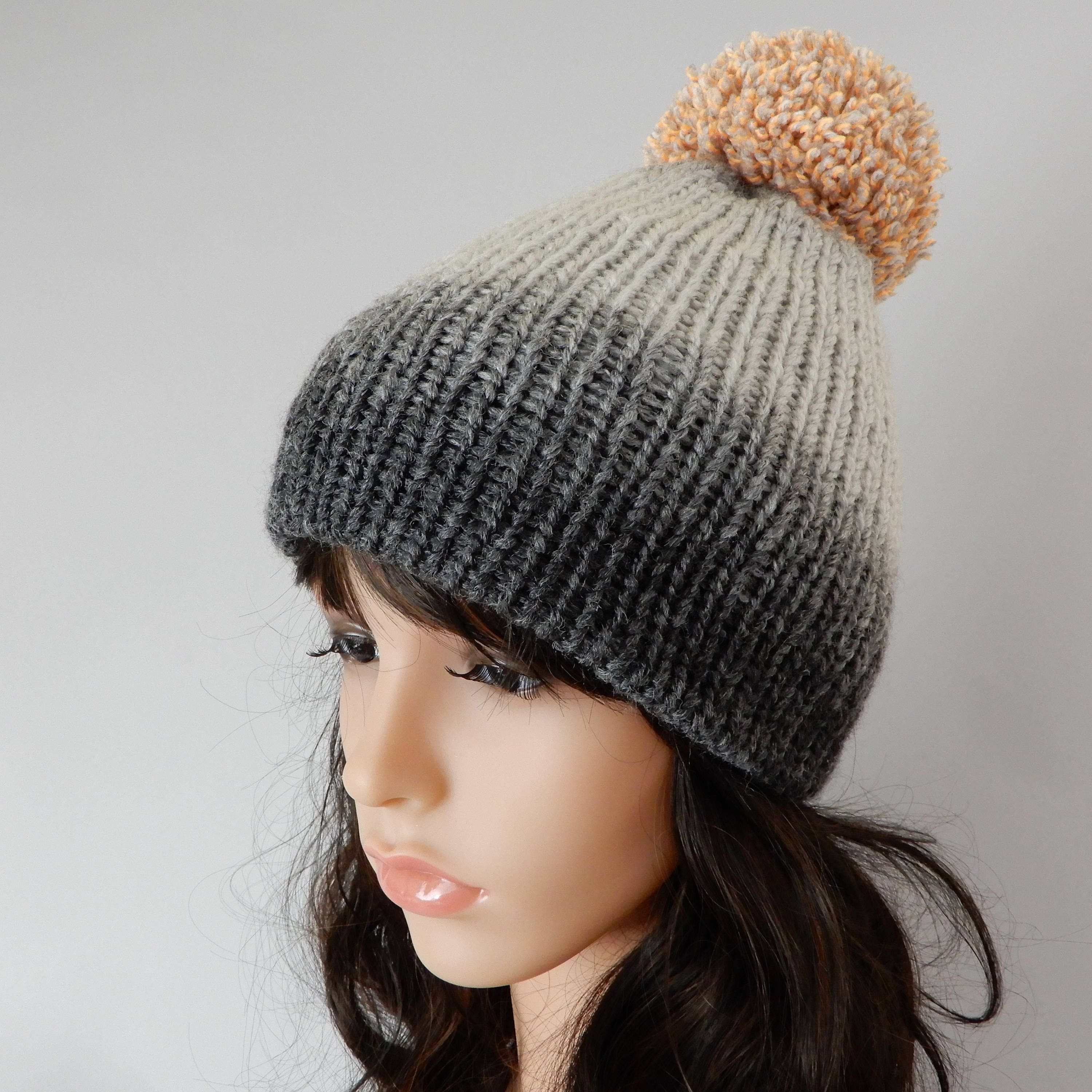Gray knitted pom pom beanie for women Wool beanie hat stretchy Etsy