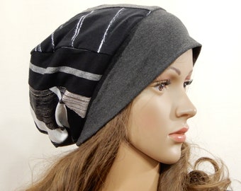 Beanie hat for women Reversible Slouchy Headwear Boho Headcover Cotton Viscose Jersey knit fabric Medium weight hat