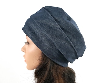 Blue Denim Jersey Beret style Hat: Women's Chemo Headwear Custom size