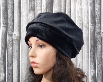 Schwarzer Hut Frauen Samt Baskenmütze Hut gefüttert Kopfbedeckung Chemo Passt S-L