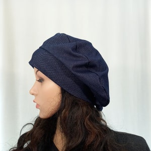 Unlined summer beret Blue lightweight slouchy beret for women Jersey hat Fits S-L zdjęcie 4