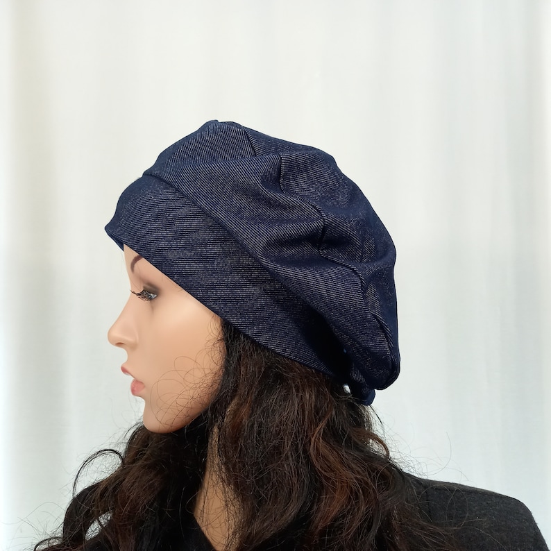 Unlined summer beret Blue lightweight slouchy beret for women Jersey hat Fits S-L zdjęcie 4