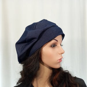 Unlined summer beret Blue lightweight slouchy beret for women Jersey hat Fits S-L zdjęcie 2
