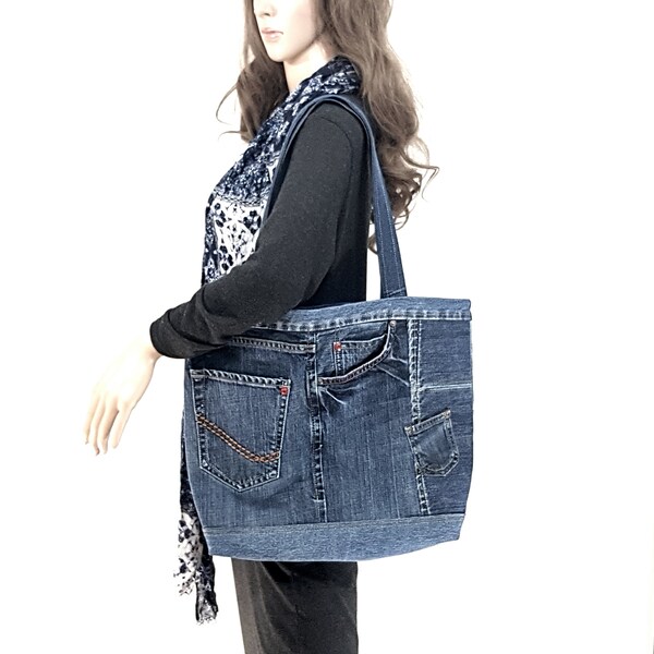 Große Einkaufstasche Recycled Denim Jeans Tasche Schultertasche Handmade einzigartige original Tasche