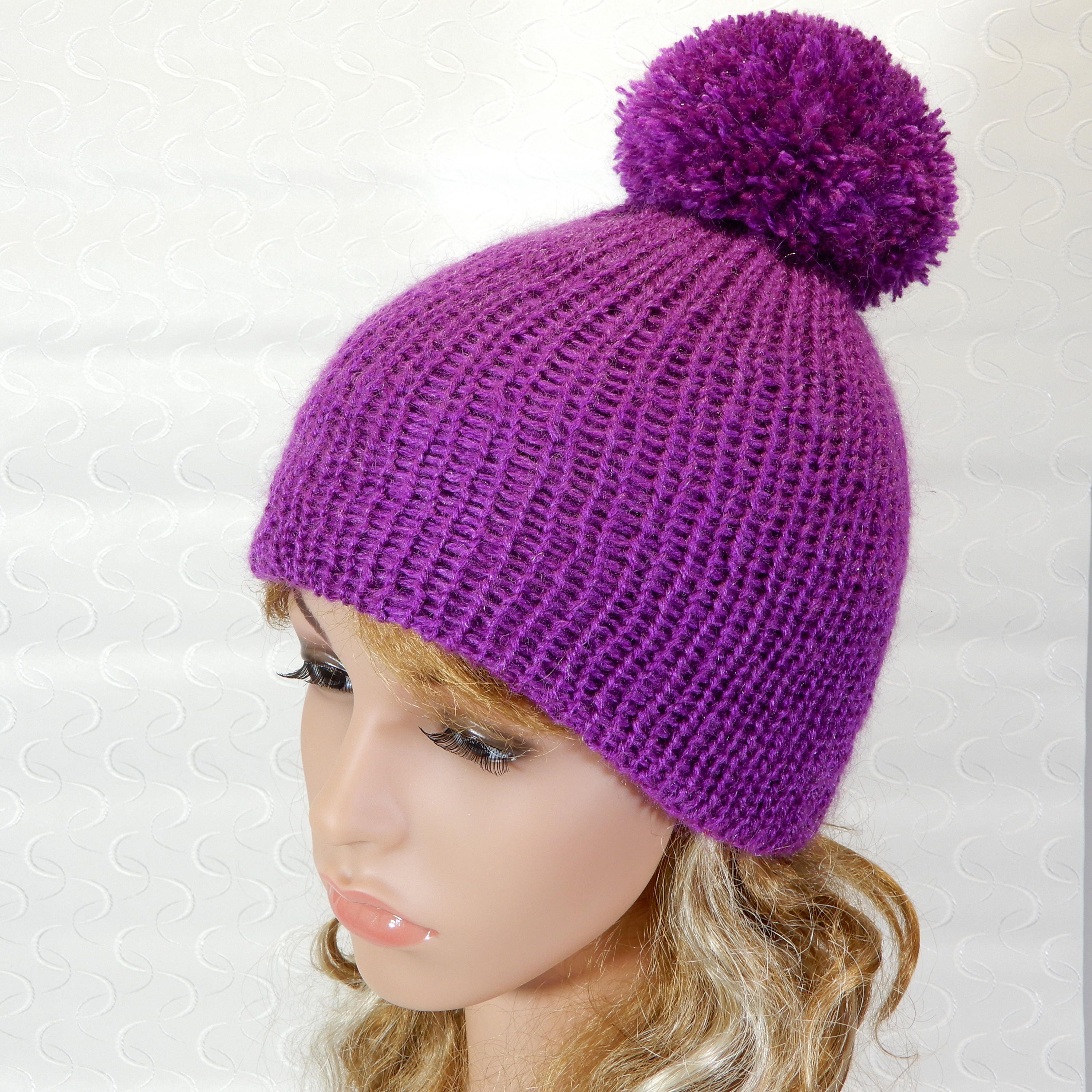 Purple Winter Beanie Hat With Pom Pom 