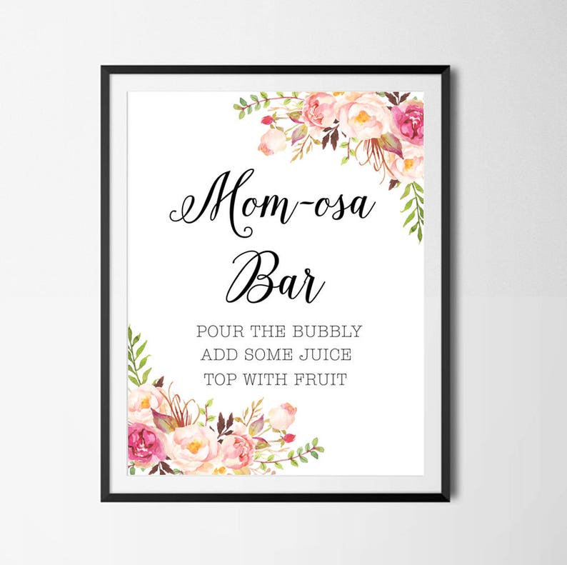 Mom-Osa Bar Sign Boho Floral Baby Shower Sign Watercolor image 0