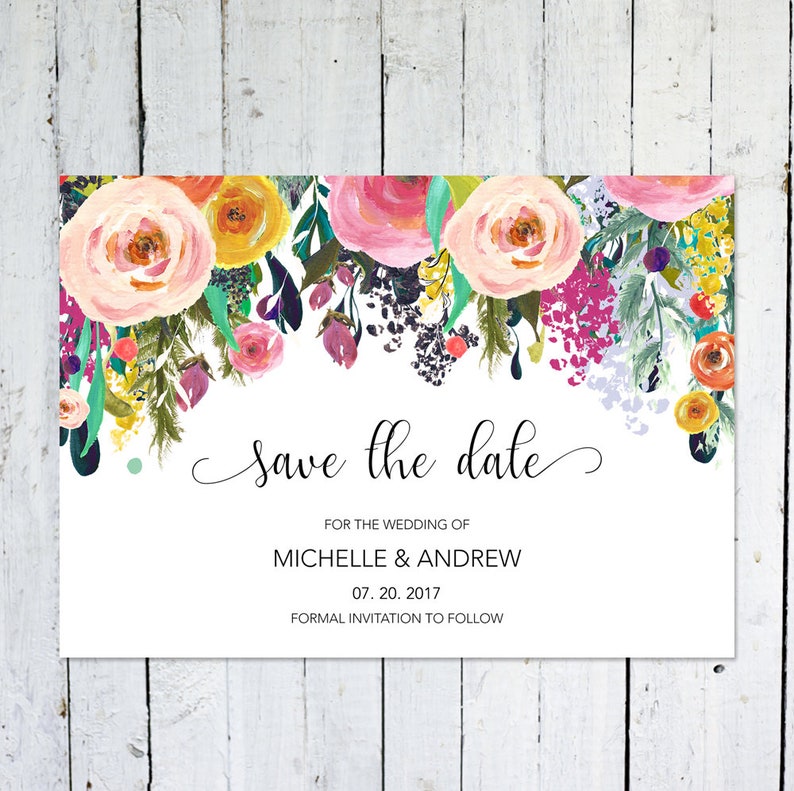 Wedding Save The Date Cards Floral Watercolor Colorful Save The Date Invitation Save The Date Printable DIY Postcard Printed