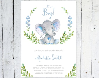 Baby Shower InvitationBoy, Elephant Baby Shower Invitation, It's A Boy, Wreath, Greenery, Blue, Grey, Printable, Printed