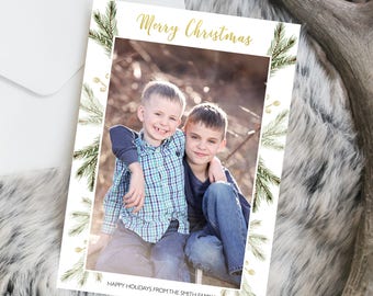 Photo Christmas Card, Gold, White, Green, Pine, Modern, Holiday Card, Digital, Printable, Printed