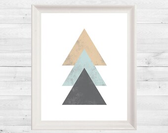 Triangle Print, Geometric, Blush, Blue, Grey, Wall Art, Abstract Print, Instant Download