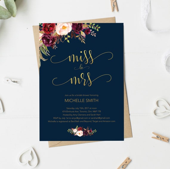 Bridal Shower Invitation Miss To Mrs Gold And Navy Blush Etsy