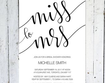 Bridal Shower Invitation, Miss To Mrs., Modern Bridal Shower Invitation,  Black And White, Calligraphy, Printable, Printed, Burgundy