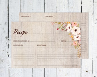 Recipe Cards, Bridal Shower, Boho Recipe Card, Watercolor, Floral, Fall, Printable, Rustic, Instant Download, Recipe Card