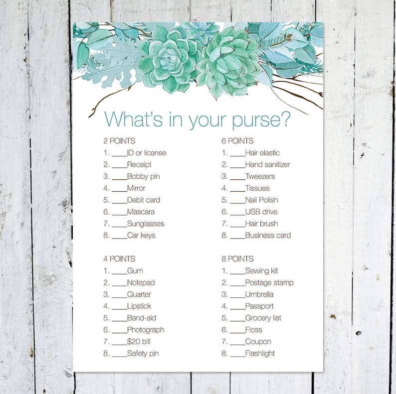 Whats in Your Purse Game Baby Shower Game Turquoise Bridal Etsy