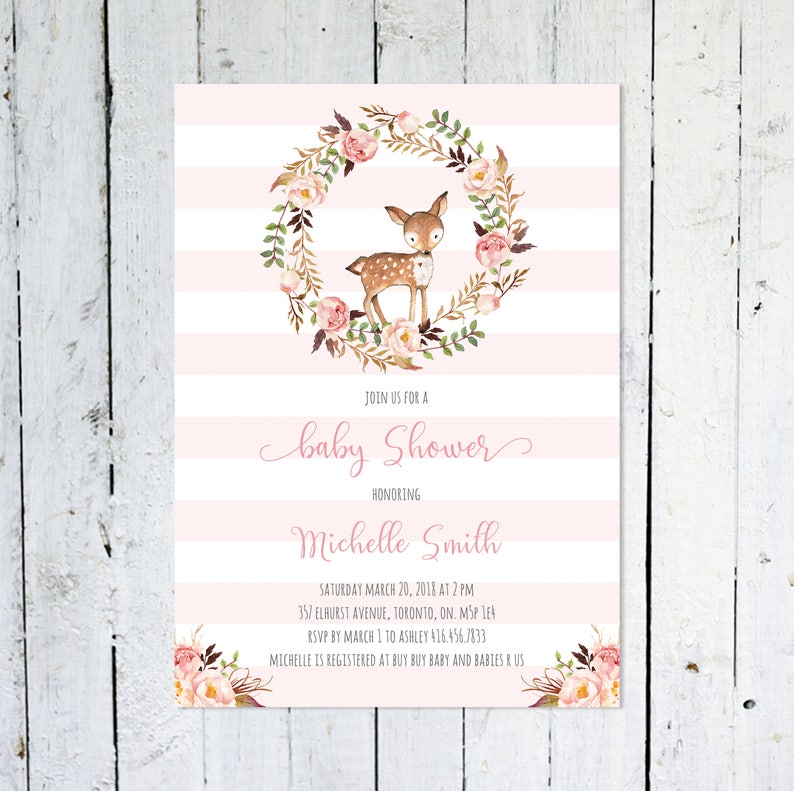 Baby Shower Invitation Girl Deer Stripes Wreath Flowers Etsy