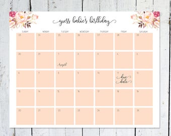 Due Date Calendar, Boho, Floral, Guess Baby's Due Date, Birthday Predictions, Printable