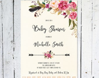 Baby Shower Invitation Girl, Boho Baby Shower Invitation, Floral, Feathers, Watercolor, Arrows, Printable, Printed