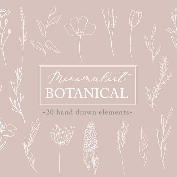 Botanische clip art, botanische elementen, lijn kunst, handgetekende bloemen clip art, minimalistisch, botanicals, handgetekende clipart, bladeren, bloemen