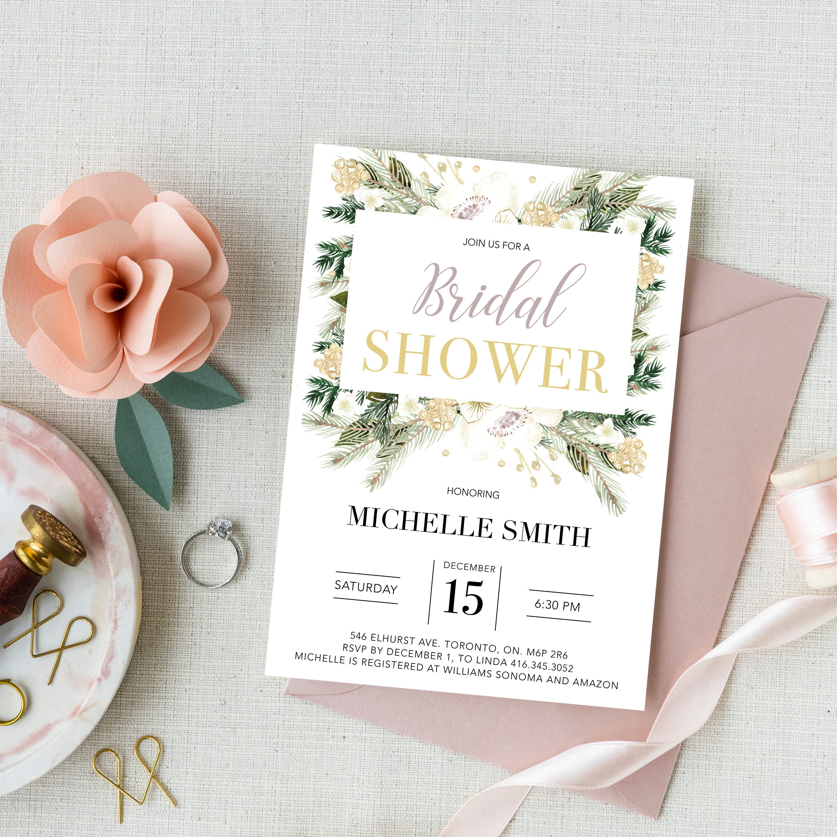 Gold Foil Romantic Rustic Eucalyptus Flowers Floral Blush White Watercolor Bridal Shower Invitation Printable Digital Download PDF