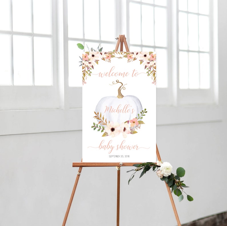 Pumpkin Welcome Sign Printable Boho Floral White Pumpkin image 0