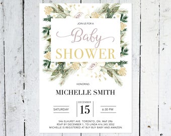 Winter Baby Shower Invitation, Modern, Floral, Flowers, White And Gold, Gender Neutral, Boy, Girl, Printable, Printed