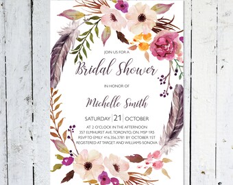 Bridal Shower Invitation, Boho Bridal Shower Invitation, Wreath, Floral, Watercolor, Maroon, Feather, Printable, Printed