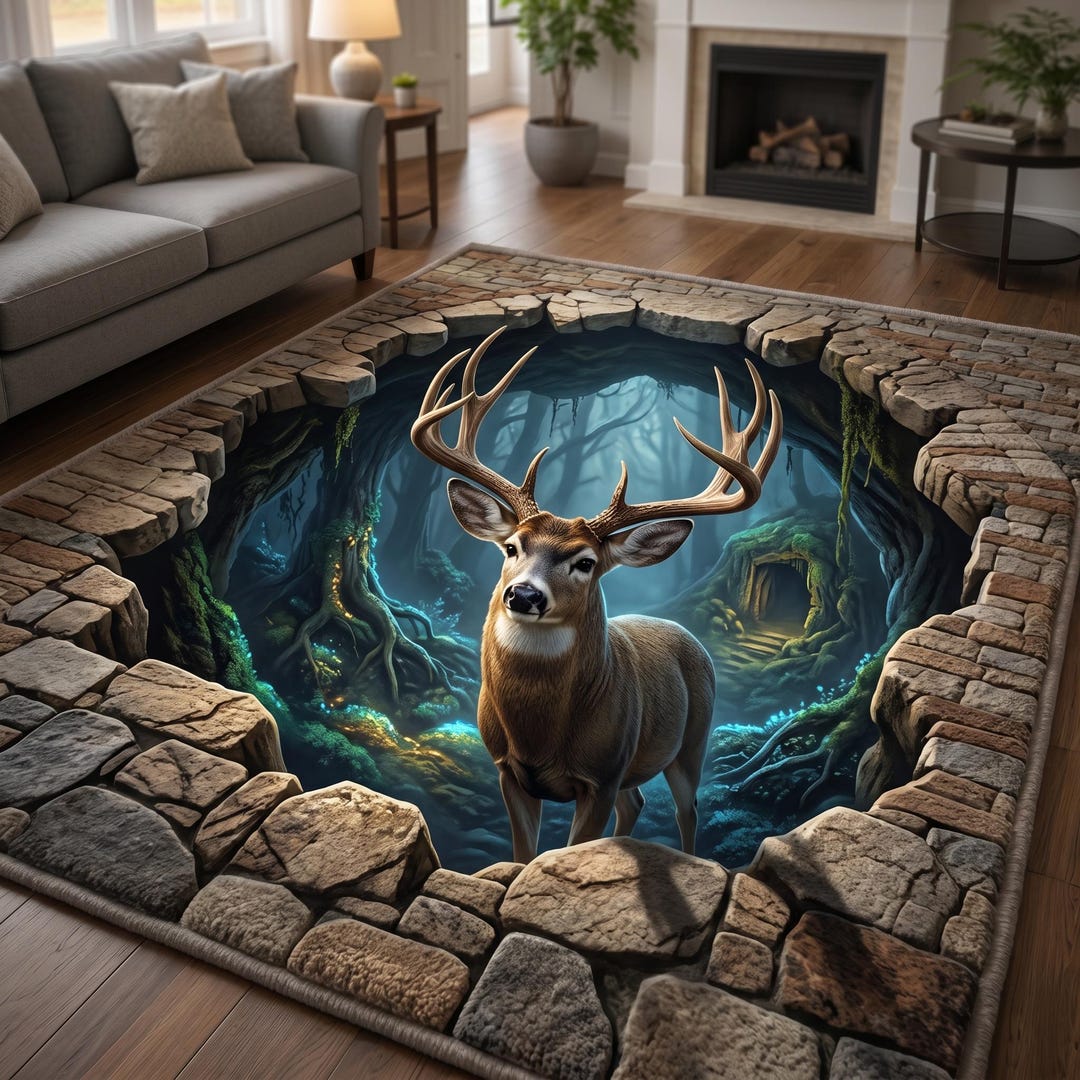 3D Buck Deer Stone Pit Area Rug, Stag Antler Mystic Forest Runner Rug ...