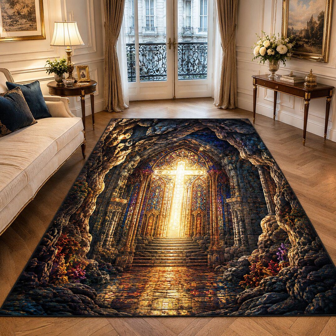 Gothic Church Rug 3D Gothic Cross Cathedral Area Rug, Glowing Cross Stone Runner Rug ...