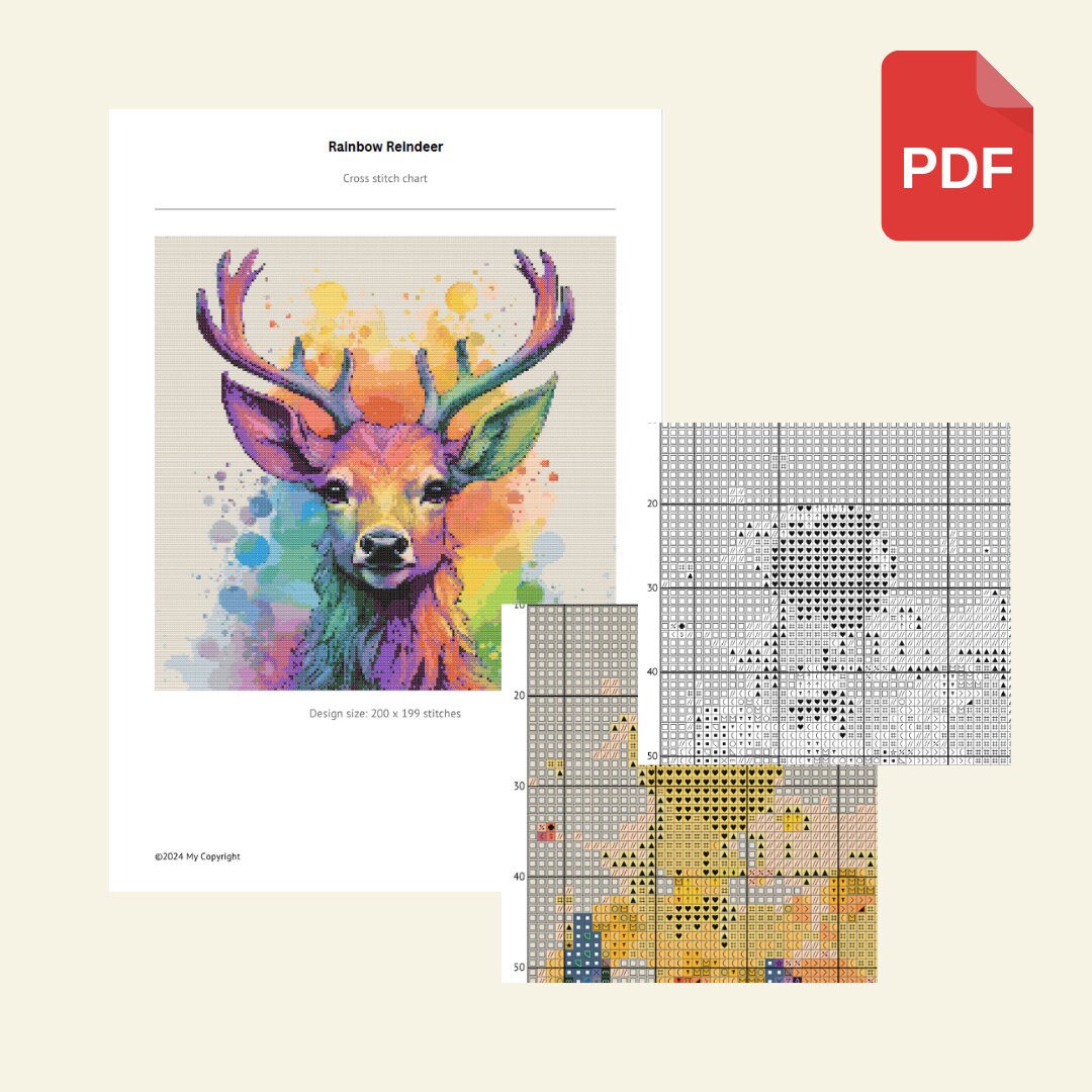 Cross Stitch Rainbow Reindeer PDF Pattern Instant Download - PNG ...