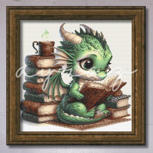 May include: A green dragon wearing glasses sits on a stack of books and reads a book. A cup of tea sits on top of the books.