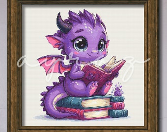 May include: A purple dragon with large eyes sits on a stack of books and reads a book. The dragon has a pink wing and a long tail.
