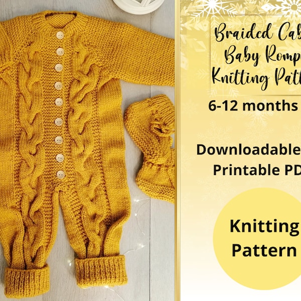 Baby Romper Braided Cables Knit Pattern for 6-12 months/ Romper Knitting Pattern/ Top Down Jumpsuit Pattern PDF/ Baby Overalls with leggings