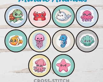 Bundle of 10 Kawaii Marine Animals Beginner Friendly Cross-stitch Patterns PDFs
