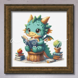 May include: A green and blue cartoon dragon sitting on a wooden stool, reading a book. The dragon has large eyes and a friendly smile. There are books and an apple stacked next to the dragon, and a cactus in a pot next to a stack of books.