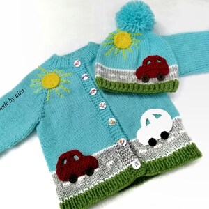 Handknit Cars Cardigan Sweater with Hat: Baby Soft Yarn