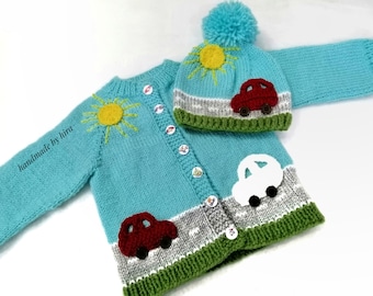 Handknit Cars Cardigan Sweater for Toddlers/ Cardigan with Cars/ 2 years to 5 years