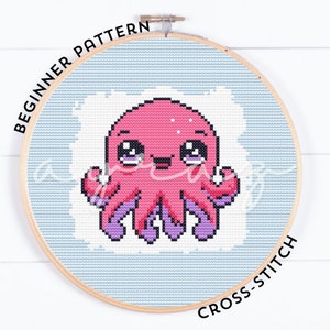 Ollie The Octopus Kawaii Style Counted Cross Stitch Marine Animal Pattern 2, Beginner Friendly Pattern
