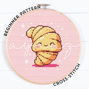 Sully the Croissant, Kawaii Style Counted Cross Stitch Food Pattern, Beginner Friendly Pattern