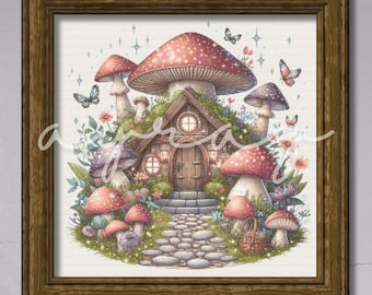 Mushroom Cottage, The Fairy House Counted Cross-Stitch Graph PDF PNG Charts