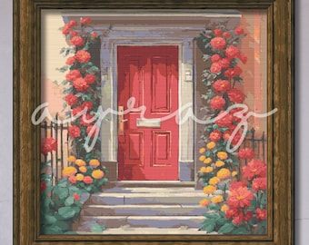 May include: A red door with a white door knob and a white mailbox is framed by a wooden door frame. The door is surrounded by lush green plants and red flowers.