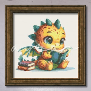 May include: A yellow and green cartoon dragon with large eyes is sitting and reading a blue book. The dragon has a stack of books next to it.