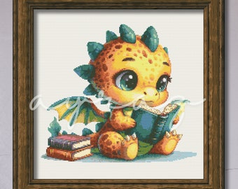 Little Green Scaled Dragon Reading Books Counted Cross Stitch Pattern Graph PDF