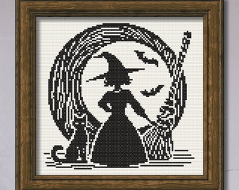 May include: Black and white cross-stitch pattern of a witch flying on a broomstick with a cat and bats in front of a full moon.