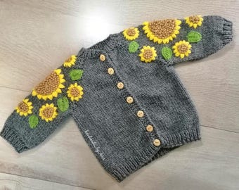 Met zonnebloem geborduurd gebreid vest voor meisjes, maat pasgeboren tot 12 jaar