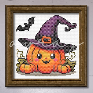 Süßer Halloween Kürbis mit Hexenhut Kreuzstichmuster