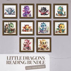 May include: A set of nine cross-stitch patterns featuring adorable little dragons reading books. Each pattern is framed in a brown frame and set against a gray background. The patterns are titled "Little Dragons Reading Bundle" and "Cross-Stitch Patterns".