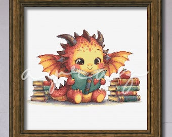 LittleOrange Dragon Reading Books Counted Cross Stitch Pattern Graph PDF