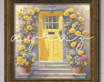 May include: A yellow door with a window and a mail slot, framed by a lush arrangement of yellow, pink, and blue flowers in terracotta pots. The door is surrounded by a white brick wall and steps leading up to the door.