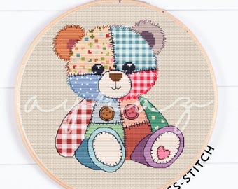 Kruissteekpatroon teddybeer met patch voor beginners