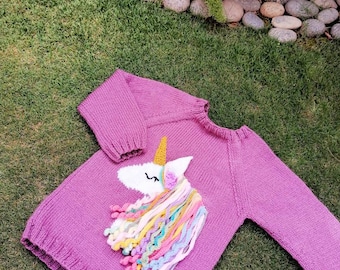 Handknit Unicorn Pullover sweater for girls.